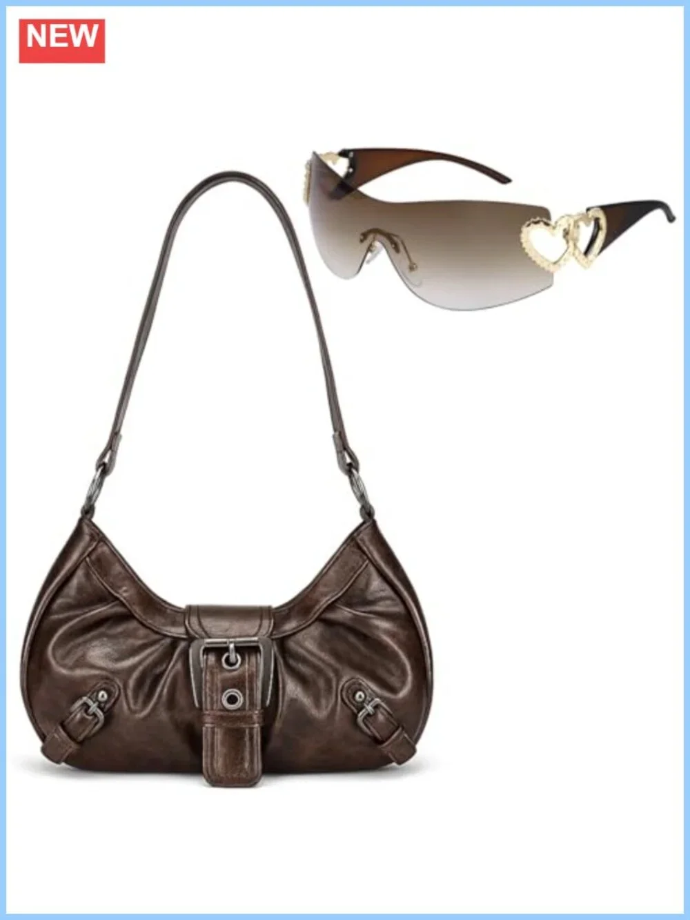 Y2K Faux Leather Hobo Shoulder Bag Sunglasses Set Trendy Purse